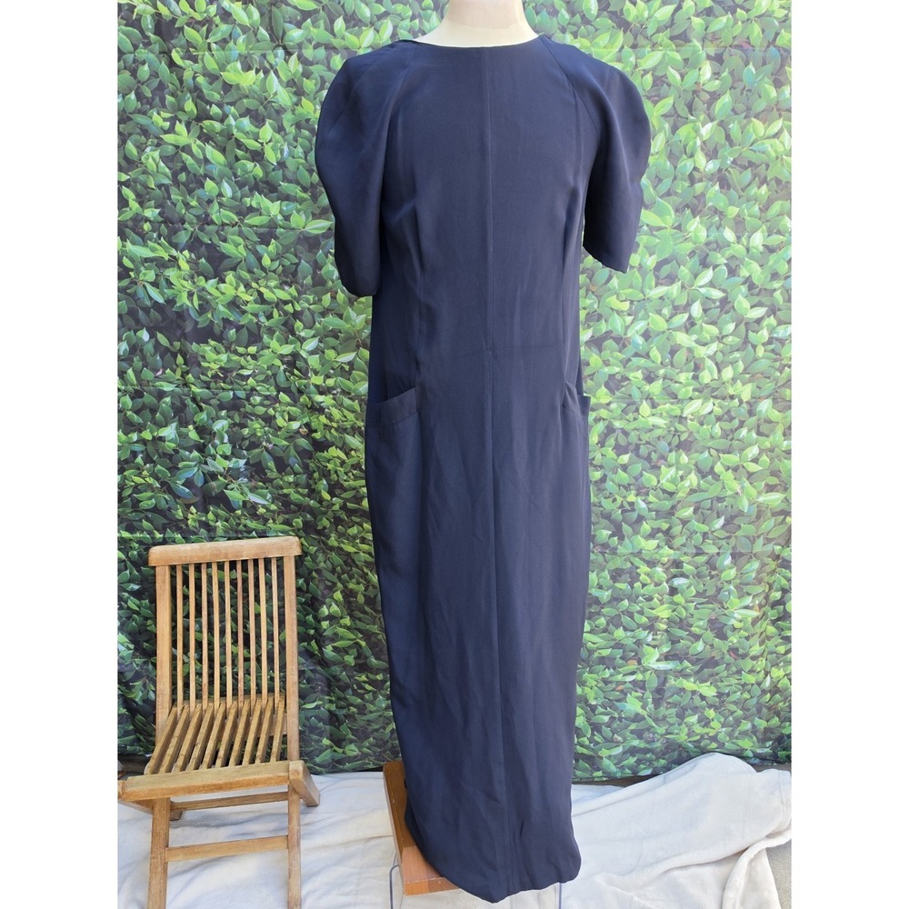Krizia Silk Maxi Dress Navy Blue Open Back Draped Italy Size 44 Womens
